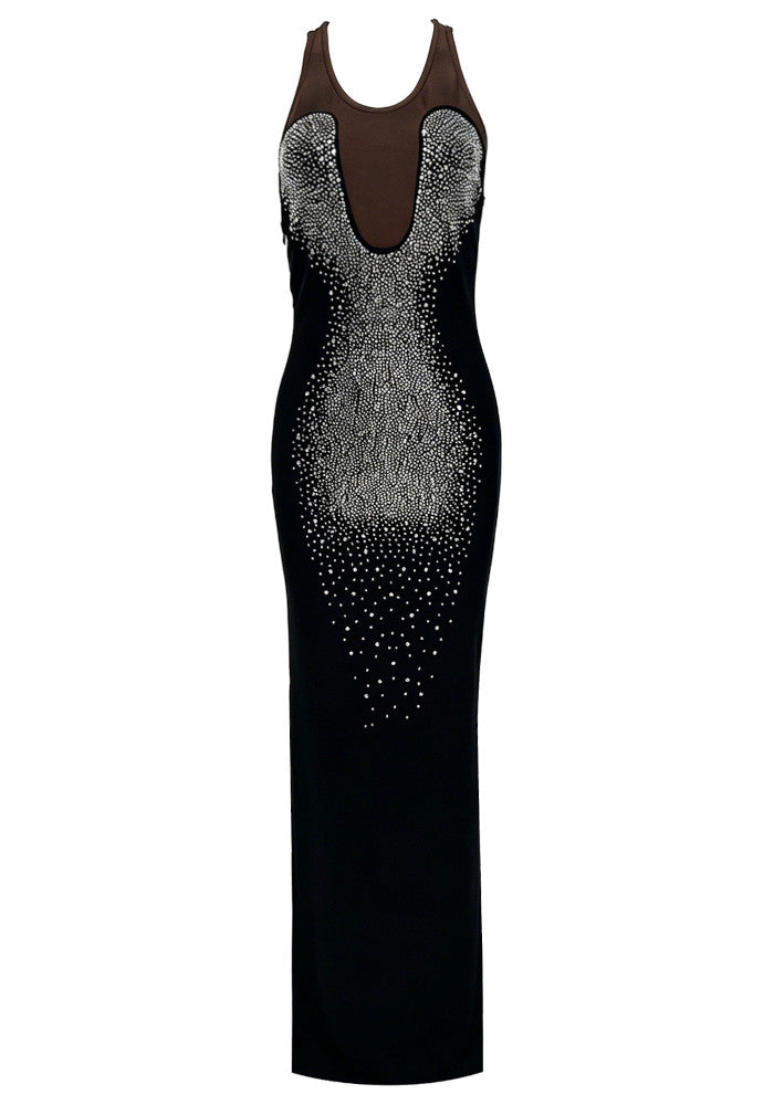 M&J Fashion halter crystal mesh insert backless black maxi dress, view 9
