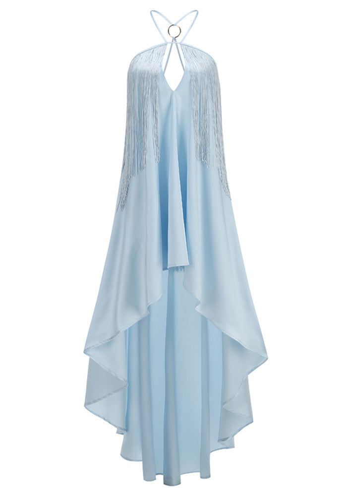 M&J Fashion halter keyhole tassel high low blue dress, view 9