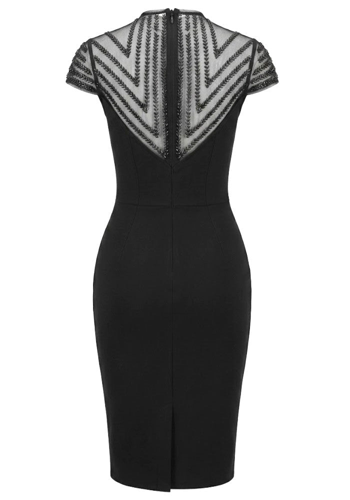 M&J Fashion high neck cap sleeve embellished mesh bodycon black midi dress, view 10