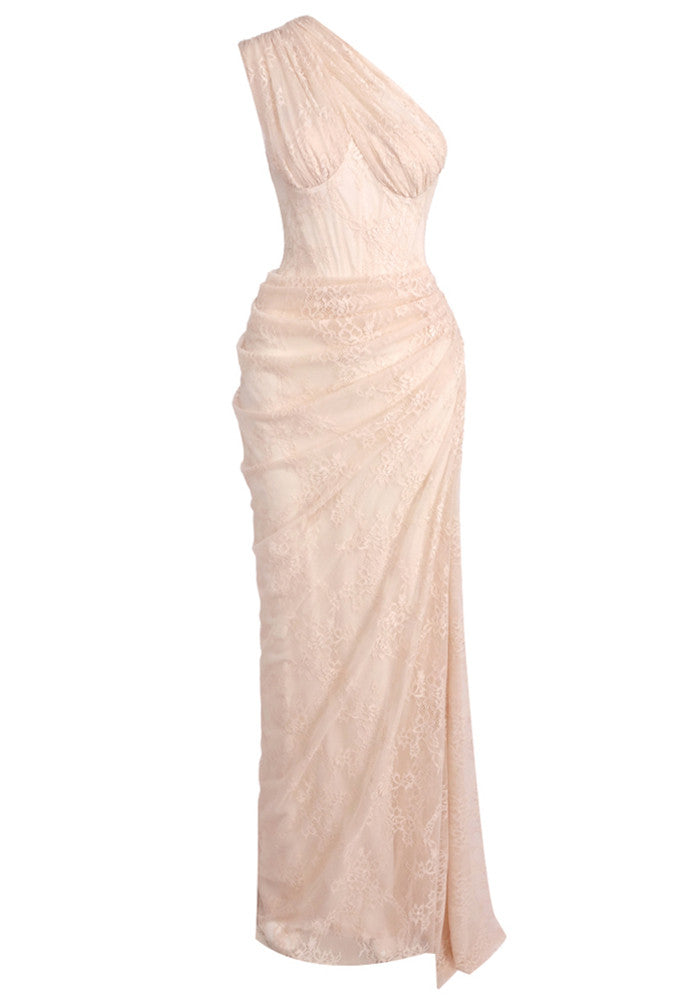 M&J Fashion one shoulder draped lace bodycon light nude maxi dress, view 9
