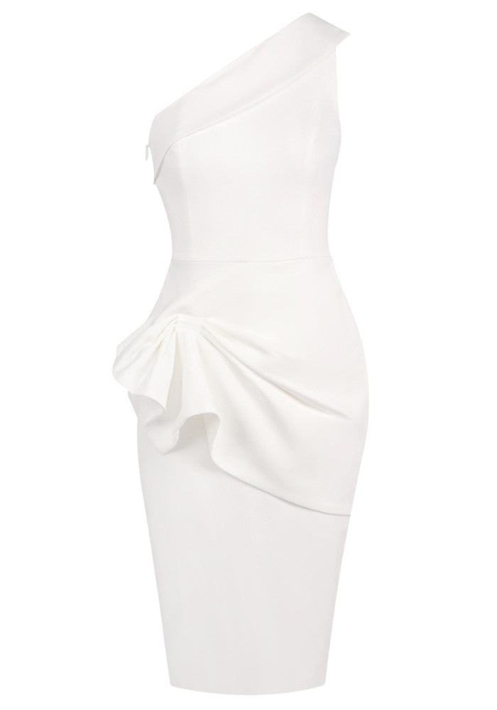 M&J Fashion one shoulder draped bodycon white midi dress, view 8