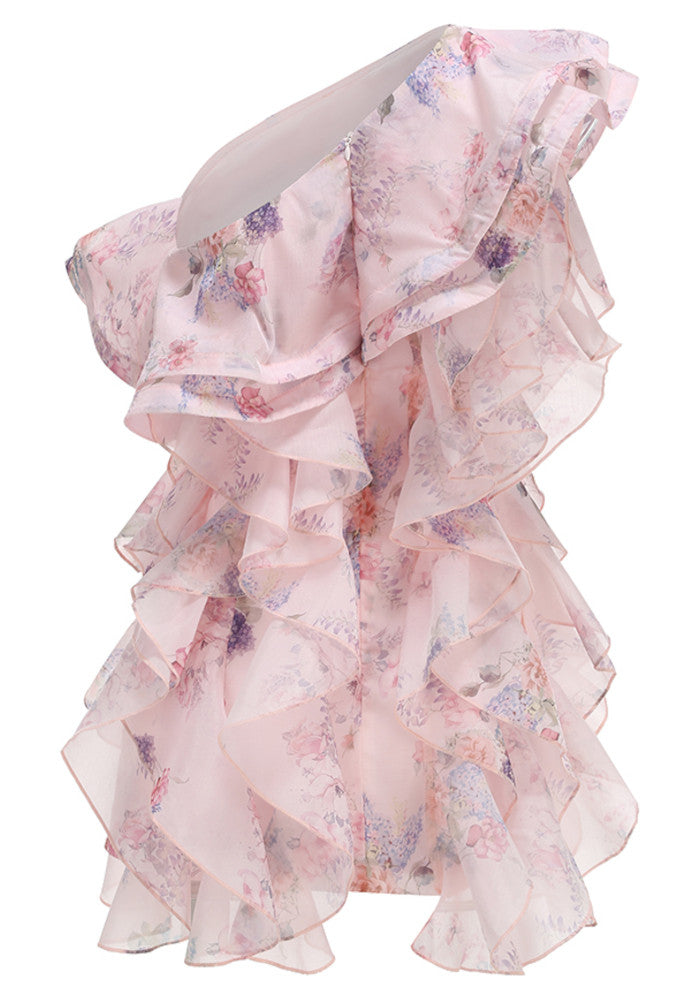 M&J Fashion one shoulder floral ruffle tiered pink mini dress, view 10