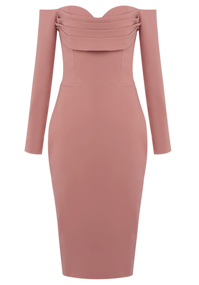 M&J Fashion bardot long sleeve draped bodycon pink midi dress, view 8