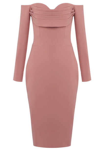 M&J Fashion bardot long sleeve draped bodycon pink midi dress, view 8