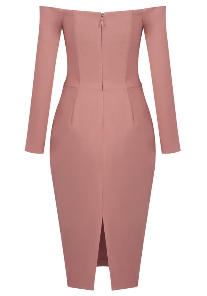 M&J Fashion bardot long sleeve draped bodycon pink midi dress, view 9