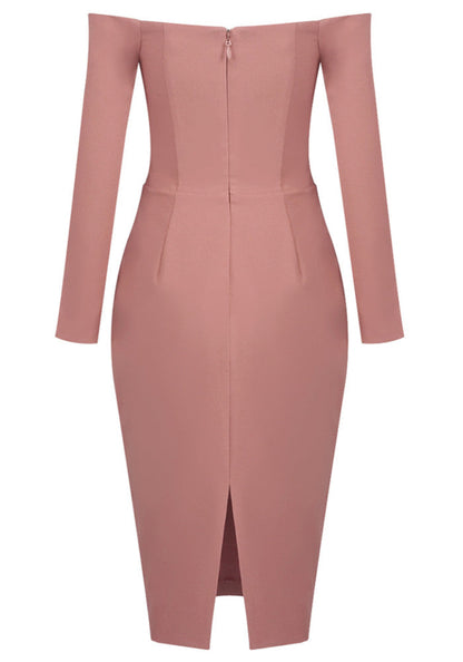 M&J Fashion bardot long sleeve draped bodycon pink midi dress, view 9