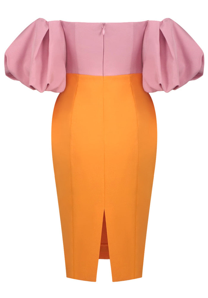 M&J Fashion bardot puff sleeve bodycon pink orange midi dress, view 10