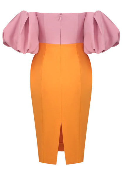 M&J Fashion bardot puff sleeve bodycon pink orange midi dress, view 10