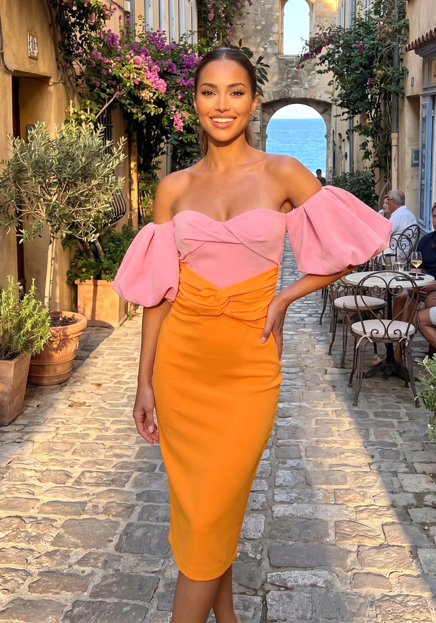 M&J Fashion bardot puff sleeve bodycon pink orange midi dress, view 7
