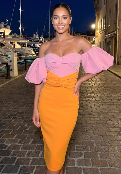 M&J Fashion bardot puff sleeve bodycon pink orange midi dress, view 8