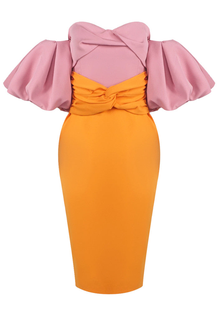 M&J Fashion bardot puff sleeve bodycon pink orange midi dress, view 9