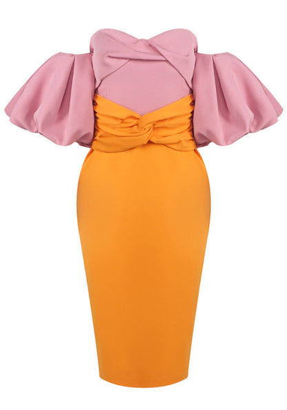 M&J Fashion bardot puff sleeve bodycon pink orange midi dress, view 9