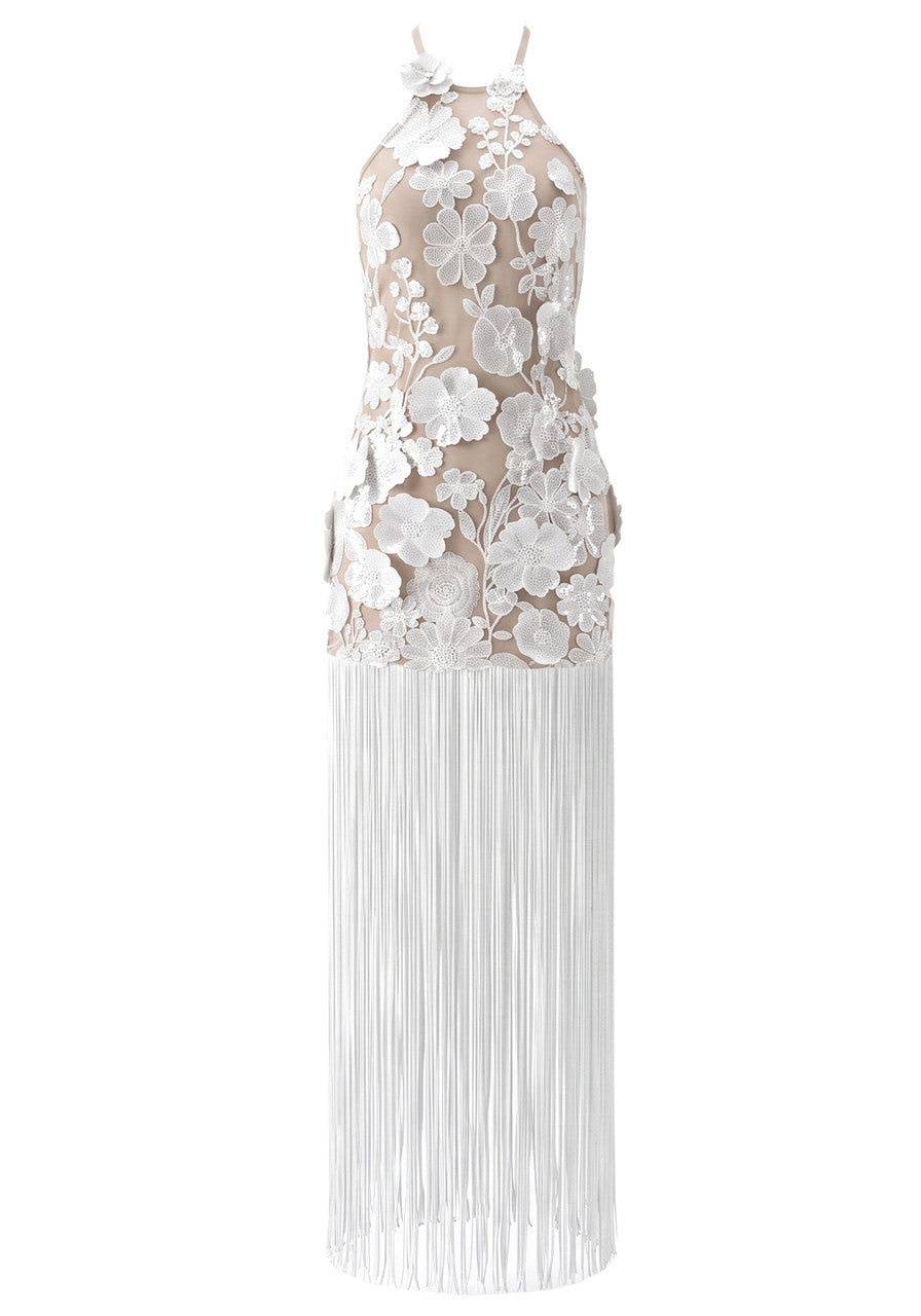 M&J Fashion halter floral lace backless tassel white maxi dress, view 10