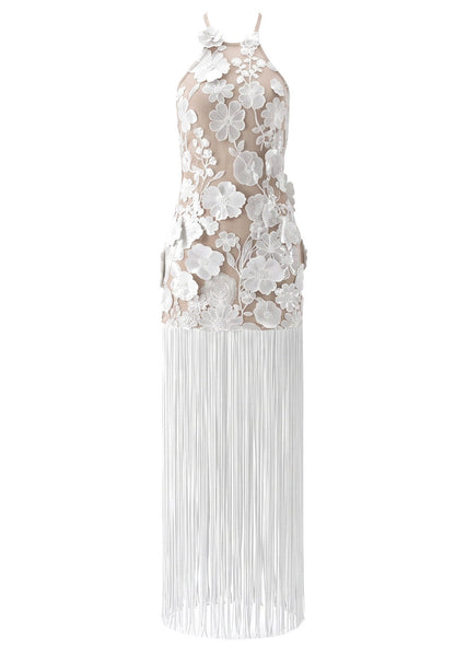 M&J Fashion halter floral lace backless tassel white maxi dress, view 10