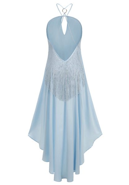 M&J Fashion halter keyhole tassel high low blue dress, view 10