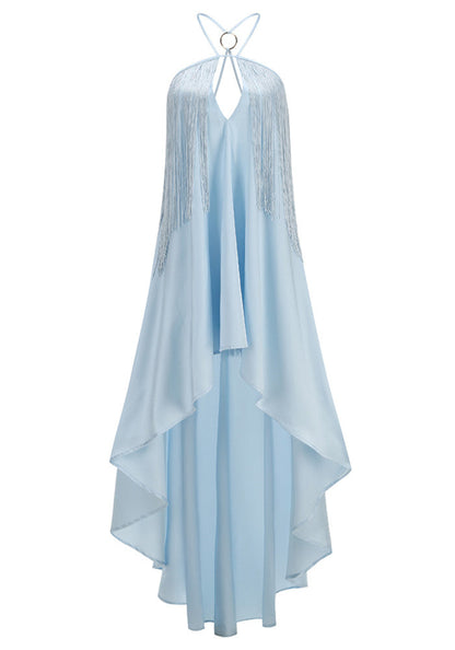M&J Fashion halter keyhole tassel high low blue dress, view 9