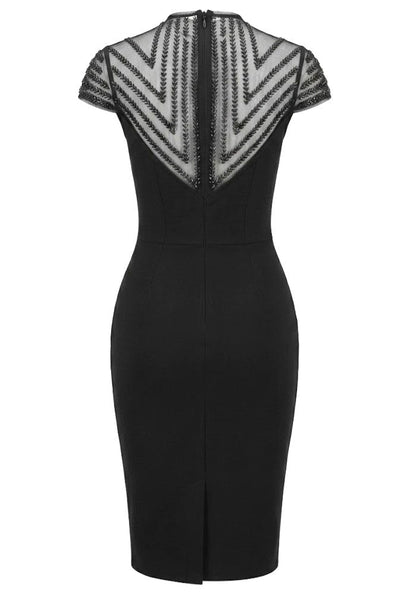 M&J Fashion high neck cap sleeve embellished mesh bodycon black midi dress, view 10