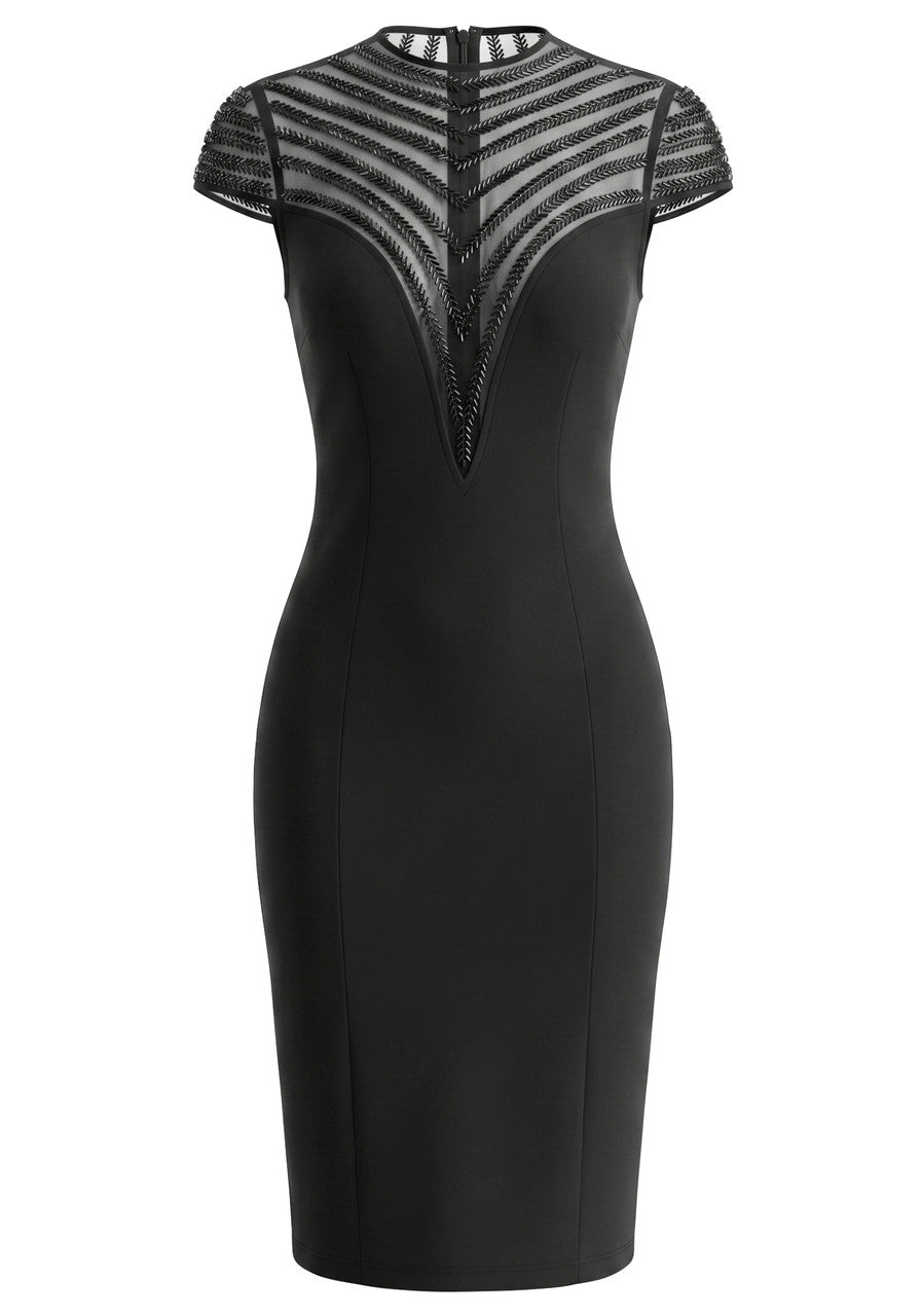 M&J Fashion high neck cap sleeve embellished mesh bodycon black midi dress, view 9