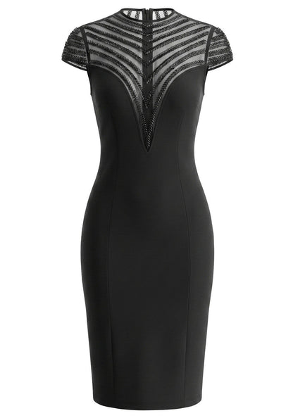 M&J Fashion high neck cap sleeve embellished mesh bodycon black midi dress, view 9