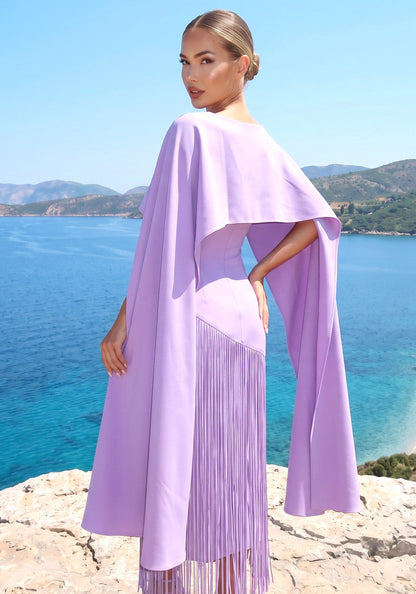 M&J Fashion one shoulder cape pleated tassel lavender maxi dress, view 3