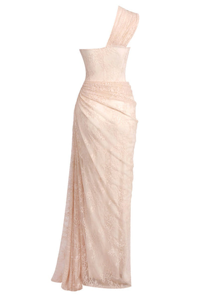 M&J Fashion one shoulder draped lace bodycon light nude maxi dress, view 10