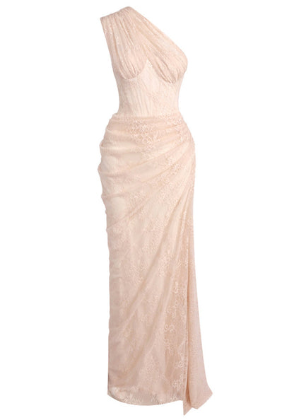 M&J Fashion one shoulder draped lace bodycon light nude maxi dress, view 9