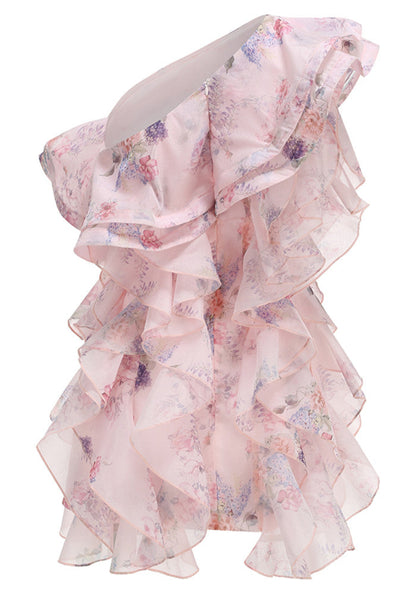 M&J Fashion one shoulder floral ruffle tiered pink mini dress, view 10