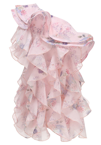 M&J Fashion one shoulder floral ruffle tiered pink mini dress, view 9