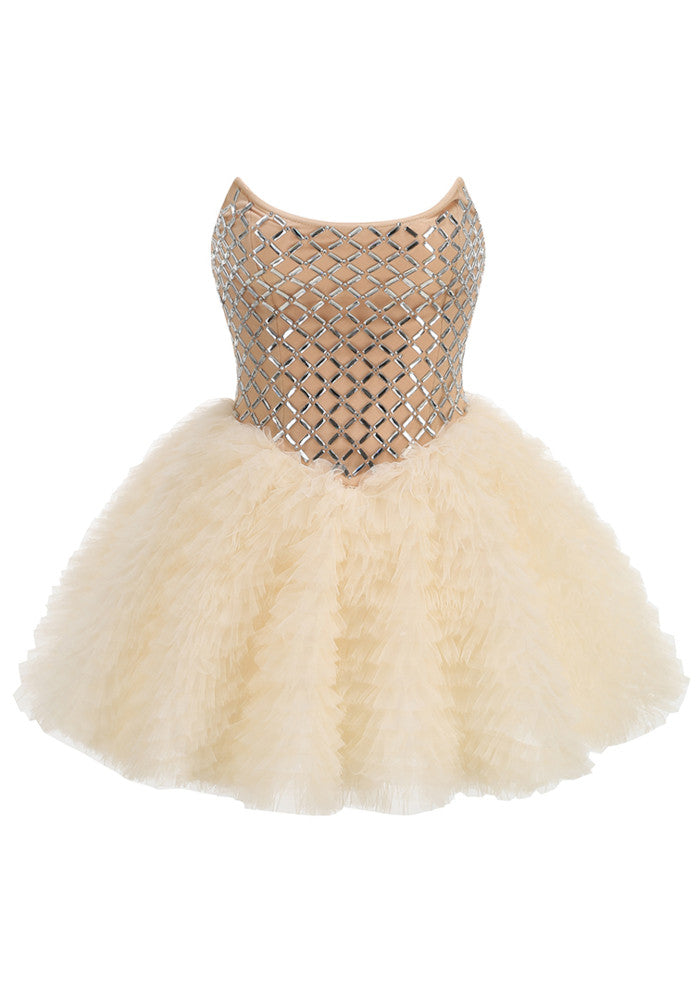 M&J Fashion strapless embellished ruffle A-line ivory mini dress, view 9