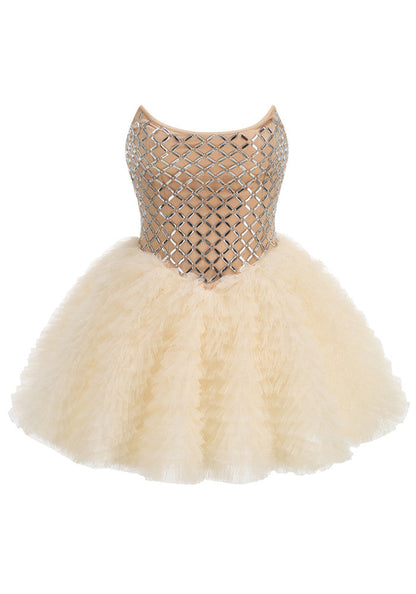 M&J Fashion strapless embellished ruffle A-line ivory mini dress, view 9