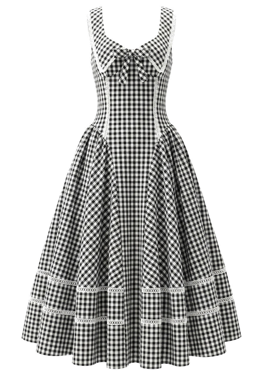 M&J Fashion V-neck gingham corset A-line black midi dress, view 7