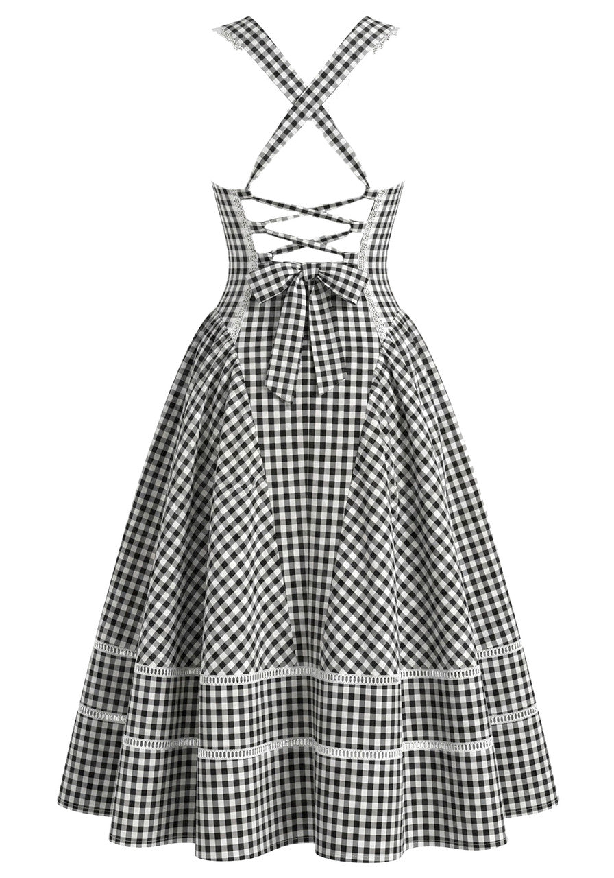 M&J Fashion V-neck gingham corset A-line black midi dress, view 8
