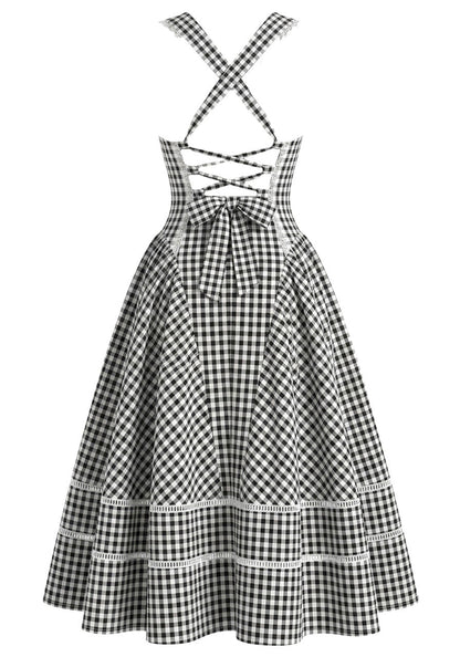 M&J Fashion V-neck gingham corset A-line black midi dress, view 8
